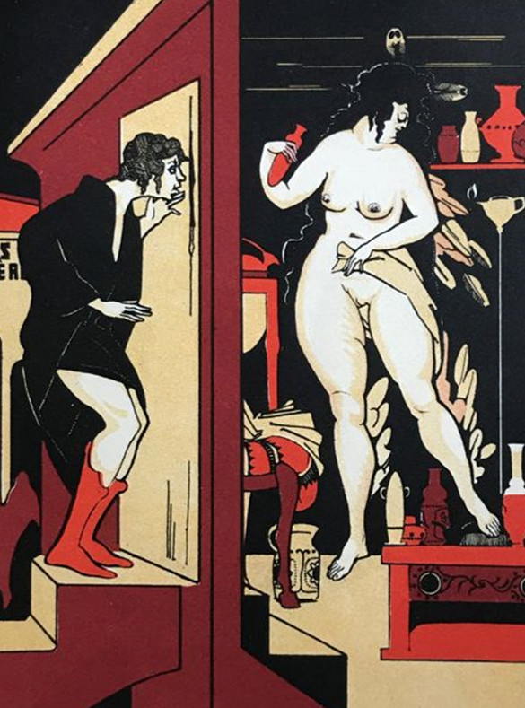 Lucio spia Birrena da una fessura nella porta J. de Bosschere (1923)